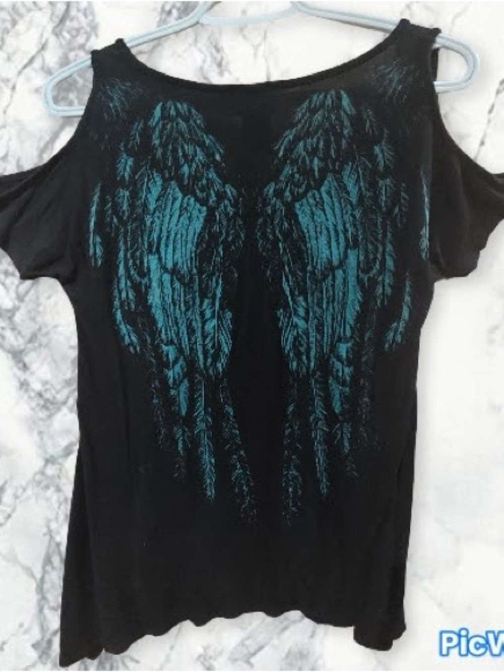 Black Cut-Shoulder Tank Top with Teal Wing Print